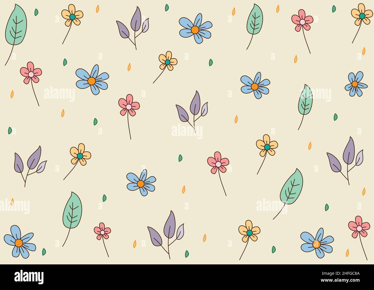 minimal cute drawing flower and leaf on yellow background, spring