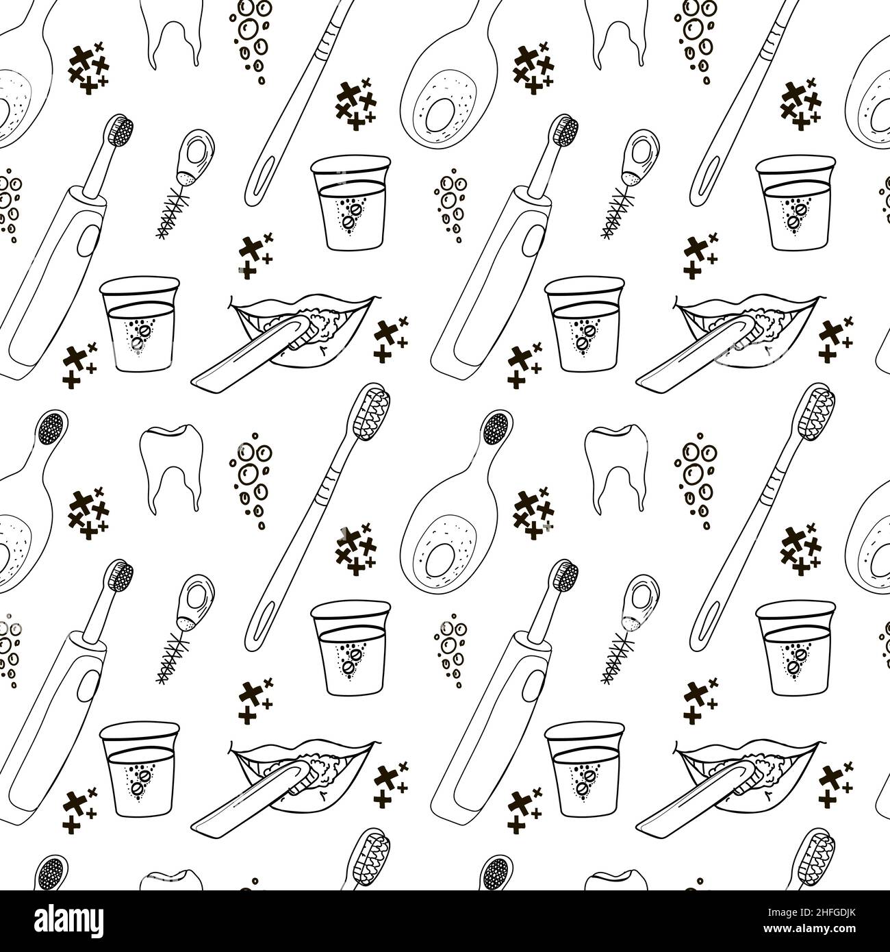 Dental seamless pattern. White linear icons. Blue backdrop Flat design. Vector illustration Stock Vector