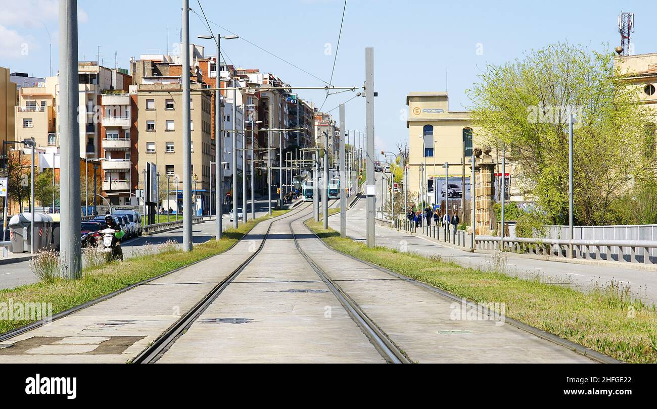 Tram tracks in Collblanc, Barcelona, Catalunya, Spain, Europe Stock Photo