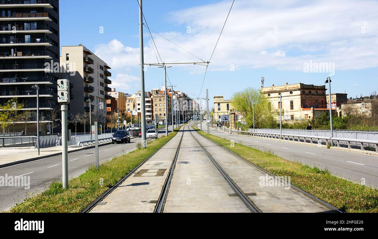 Tram tracks in Collblanc, Barcelona, Catalunya, Spain, Europe Stock Photo