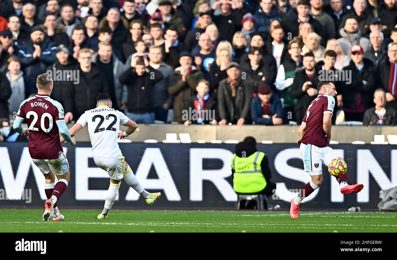 London, UK. 1st Jan, 2022. Jack Harrison (Leeds) scores the first Leeds