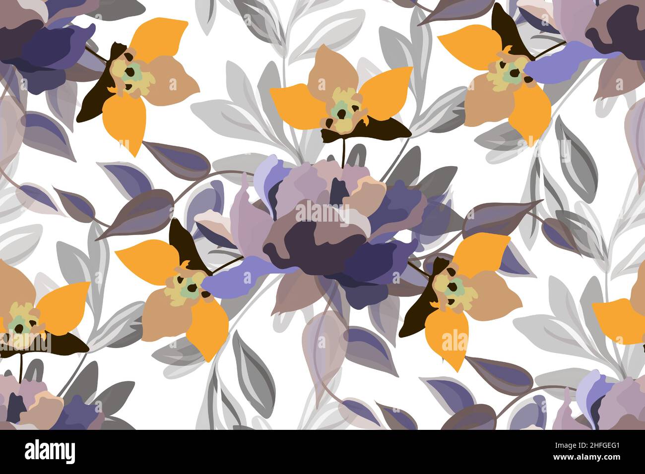 Vector floral seamless pattern. Yellow, purple and coffee-colored ...