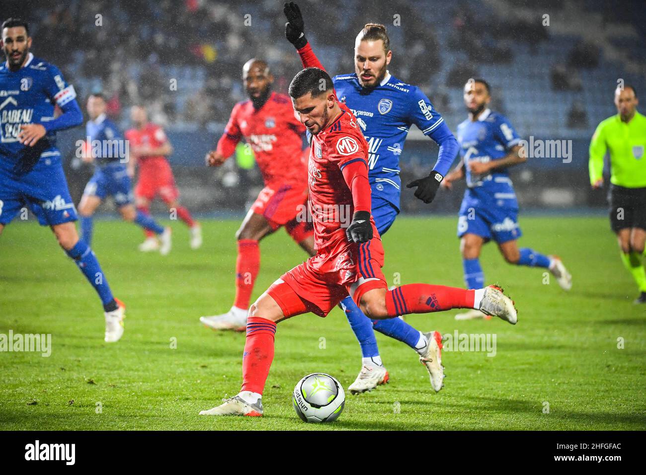 Houssem AOUAR of Lyon and Renaud RIPART of ESTAC Troyes during the French  championship Ligue 1 football match between ESTAC Troyes and Olympique  Lyonnais (Lyon) on January 16, 2022 at Stade de