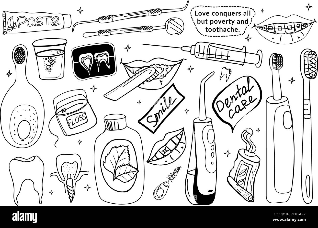 Dental Care Kit. Doodle style vector. Toothbrushes, brushes, dental