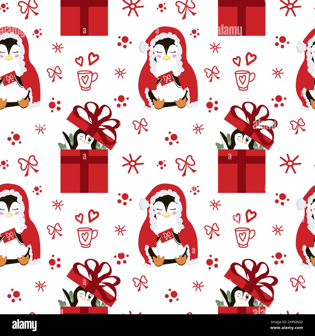 Christmas pattern with cute penguins. Festive background with hand drawn elements, vector illustration in flat style. Stock Vector