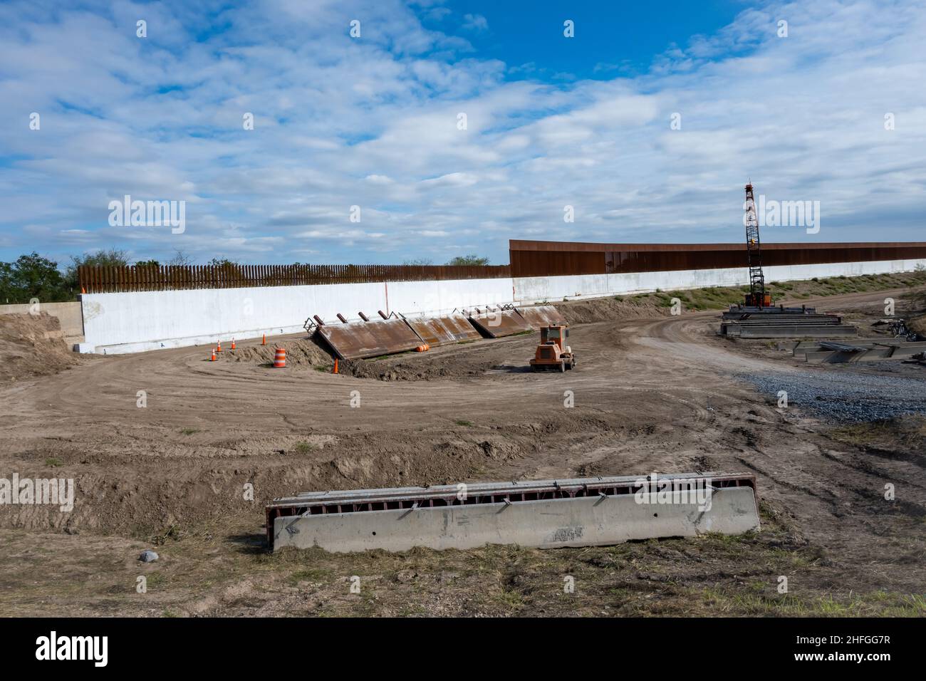 The US-Mexico border wall under construction. McAllen, Texas, USA. Stock Photo