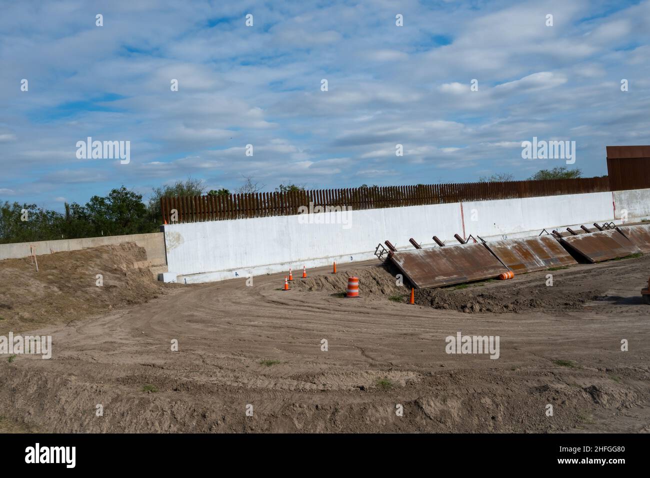 The US-Mexico border wall under construction. McAllen, Texas, USA. Stock Photo