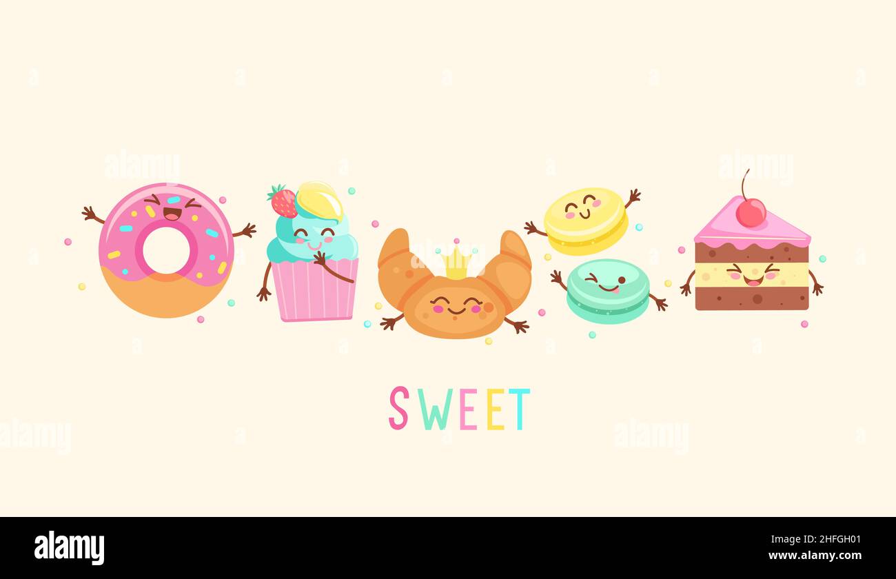 Funny tasty sweet bakery food icons Stock Vector Image & Art - Alamy