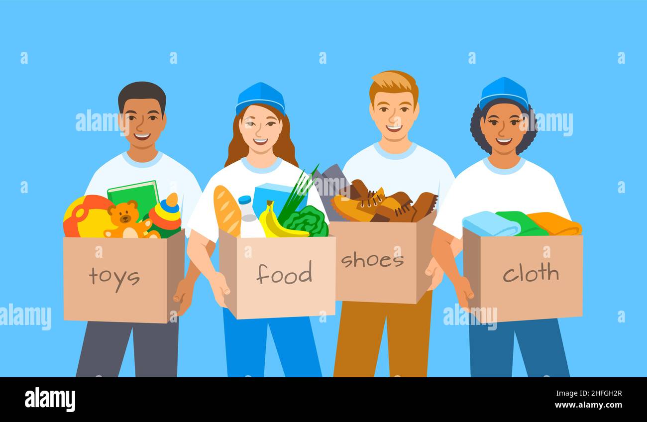 Young volunteers, boys and girls stand and hold boxes with goods for charity such as food, clothes, shoes, toys. Charitable organization workers Stock Vector