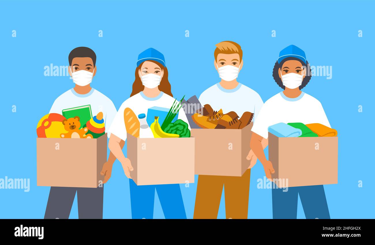 Young volunteers, boys and girls in masks stand and hold boxes with goods for charity such as food, clothes, shoes, toys. Charitable organization work Stock Vector