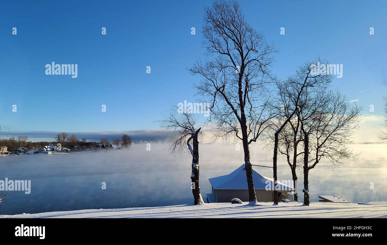 Sunrise in the Winter on the Saint Lawrence River Stock Photo