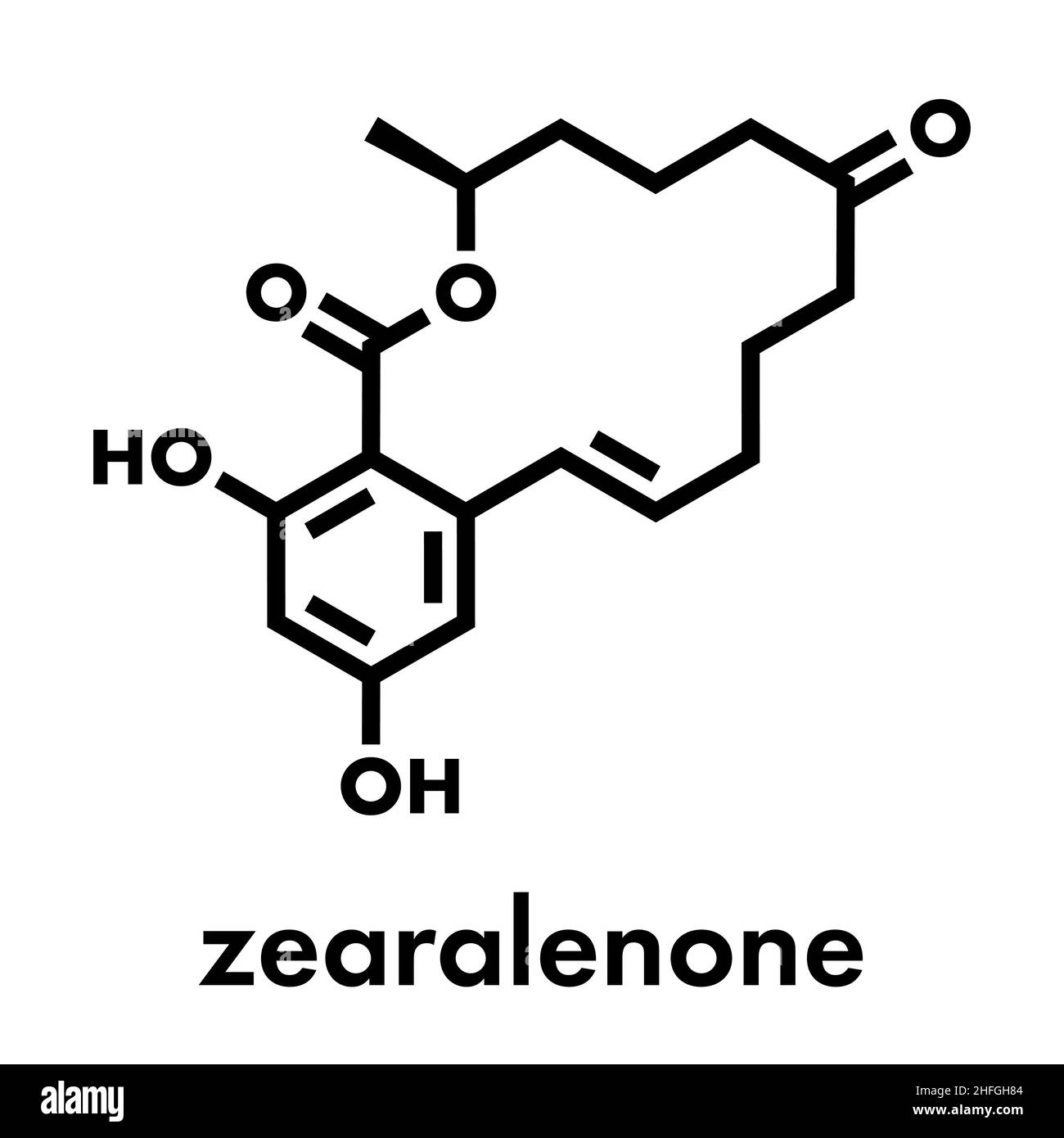 Zearalenone (ZEN) mycotoxin molecule. Produced by some Fusarium and Gibberella species. Skeletal formula. Stock Vector