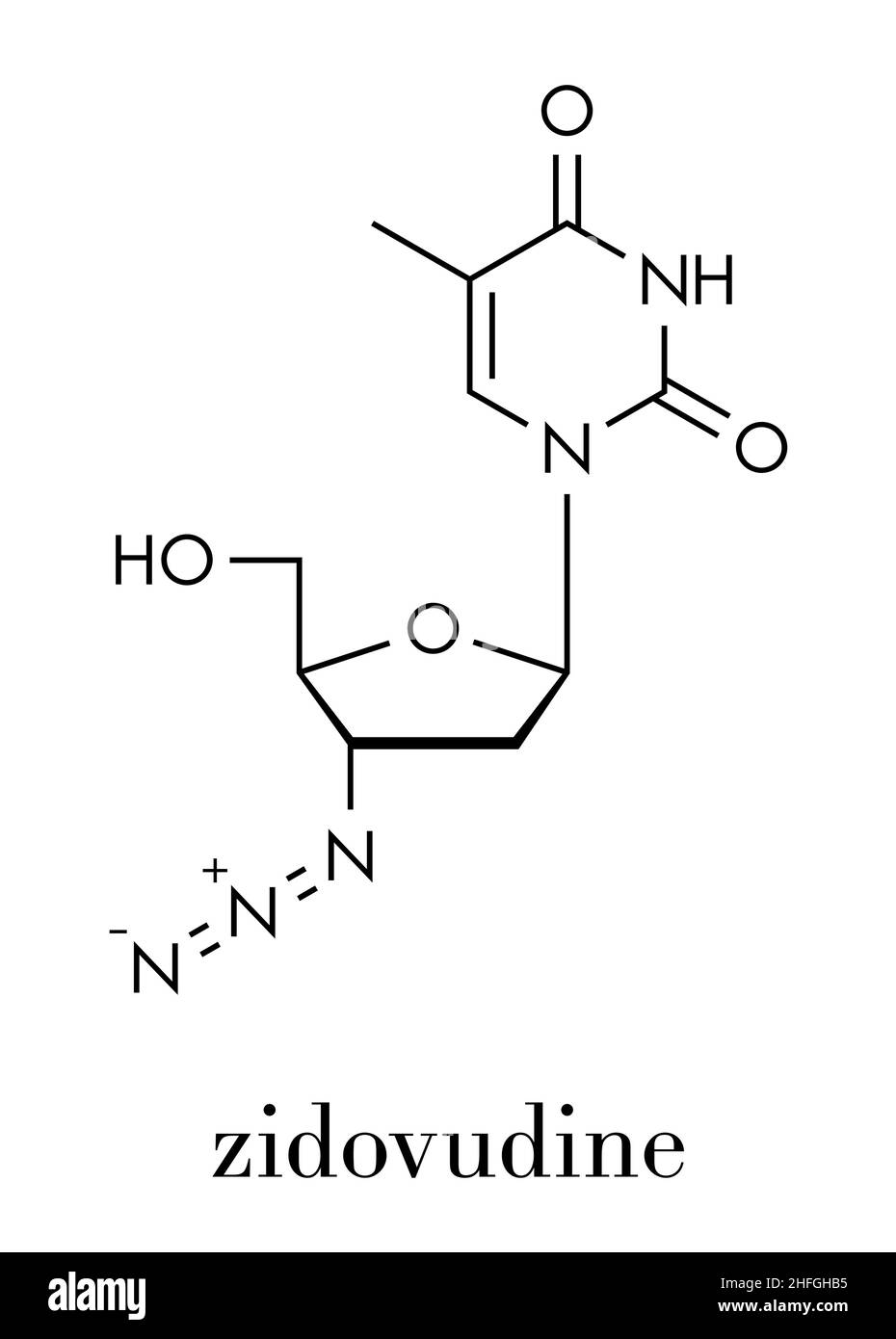 Zidovudine (azidothymidine, AZT) HIV drug molecule. Skeletal formula. Stock Vector