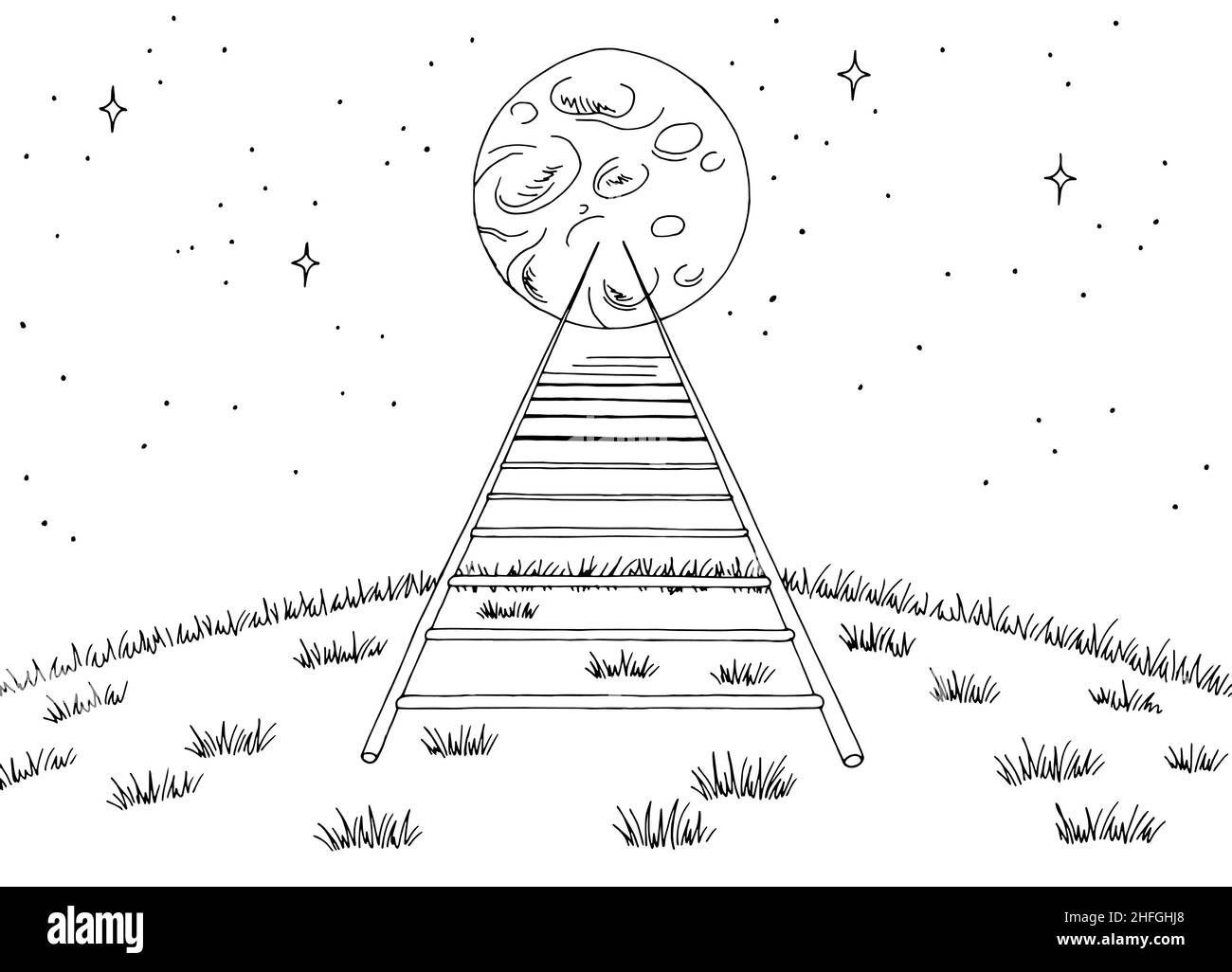 Ladder to the moon landscape graphic black white sketch illustration vector Stock Vector