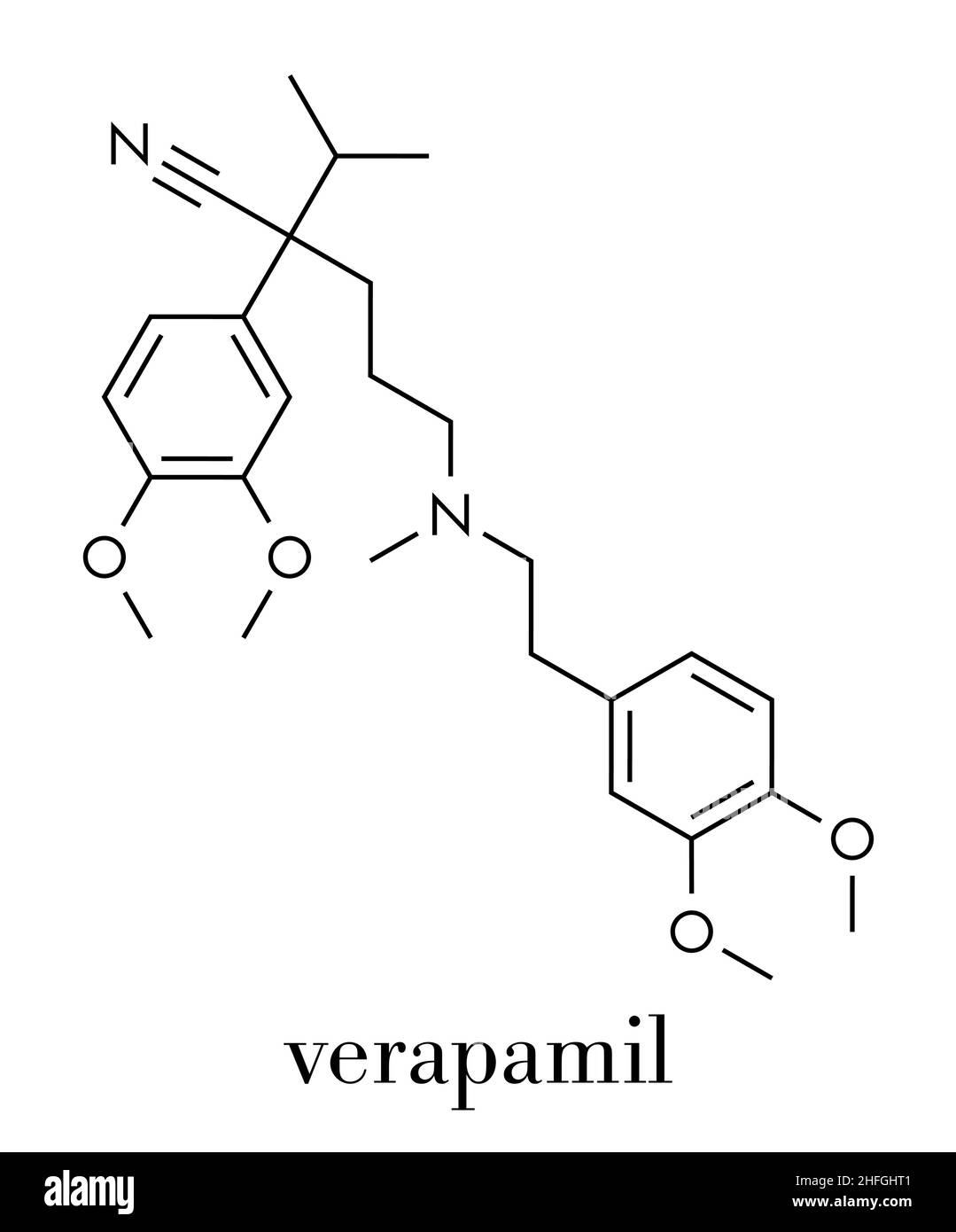 Verapamil calcium channel blocker drug. Mainly used in treatment of hypertension (high blood pressure) and cardiac arrhythmia (irregular heartbeat). S Stock Vector