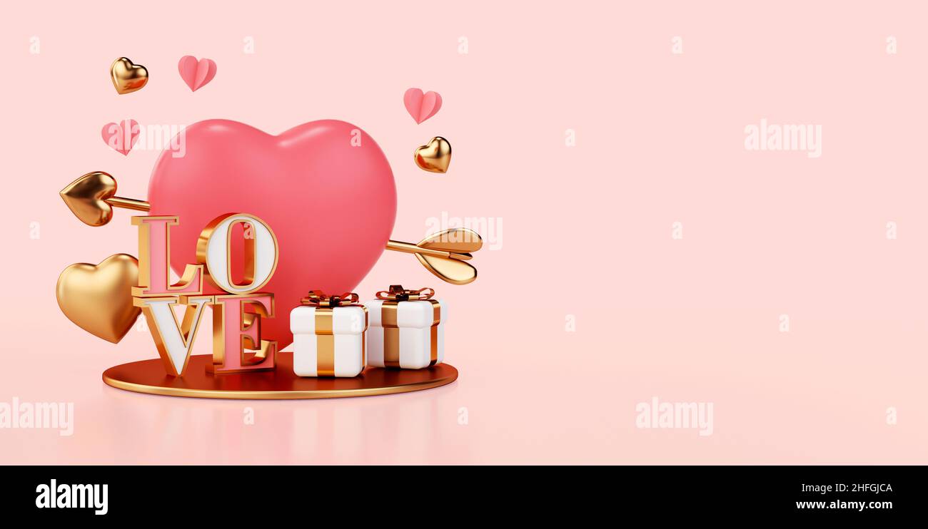 Valentines day greeting card background with pink and gold hearts ...