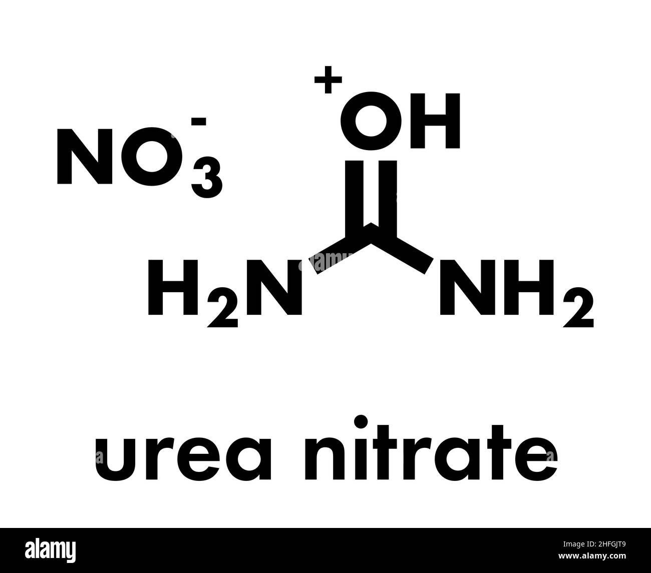 Urea nitrate high explosive molecule. Prepared by reacting urea with nitric acid and commonly