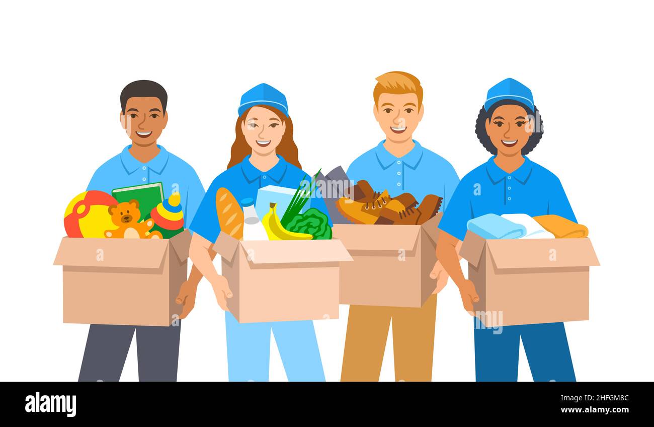 Young volunteers, boys and girls stand and hold boxes with goods for charity such as food, clothes, shoes, toys. Community support for poor people Stock Vector