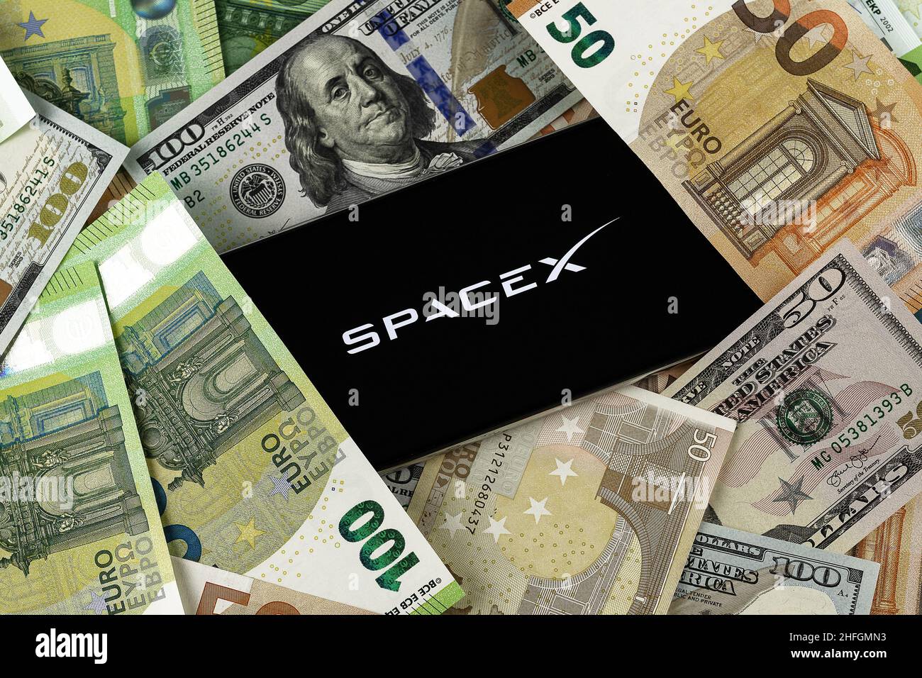 SpaceX editorial. Illustrative photo for news about SpaceX - an aerospace manufacturer and space transportation services company Stock Photo