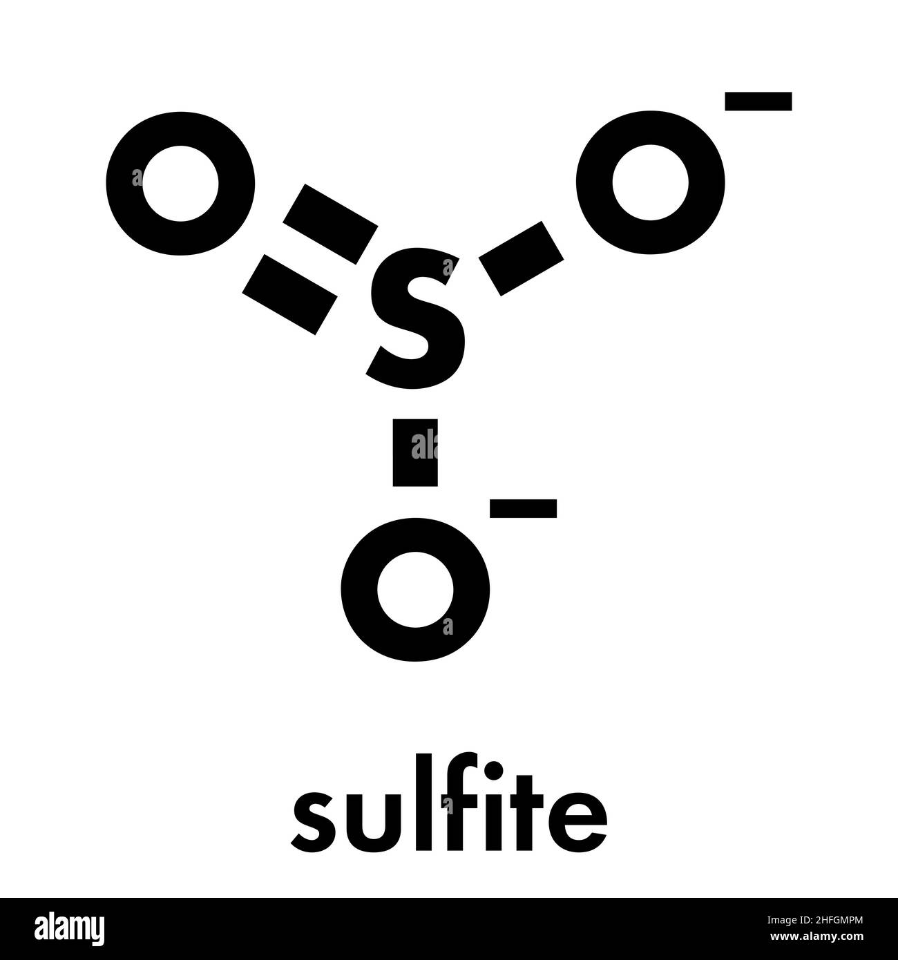 Sulfite anion, chemical structure. Sulfite salts are common food additives. Skeletal formula. Stock Vector