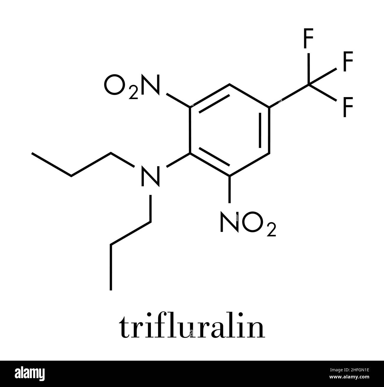 Trifluralin herbicide molecule. Skeletal formula. Stock Vector