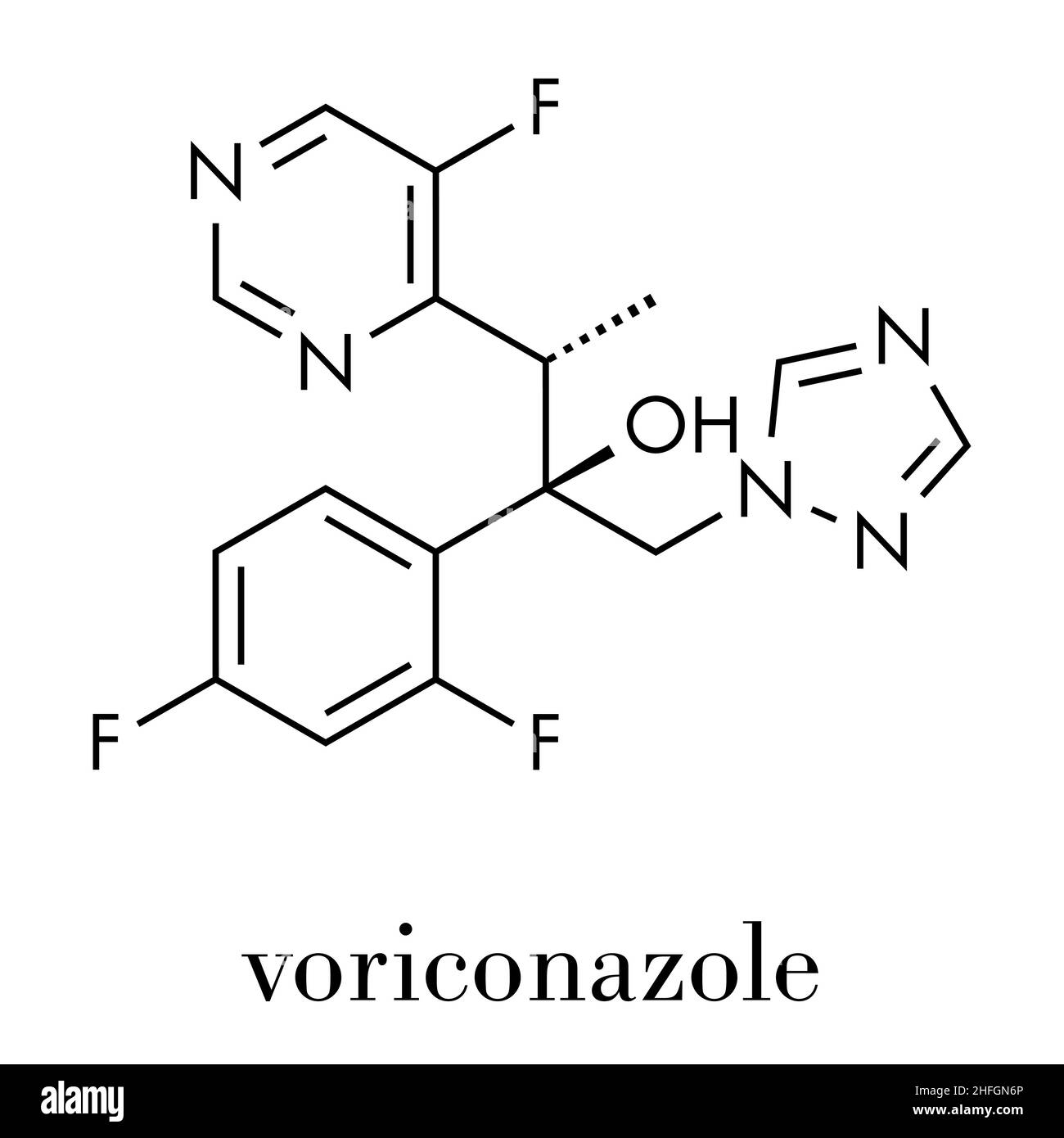 Voriconazole antifungal drug molecule (triazole class). Skeletal formula. Stock Vector
