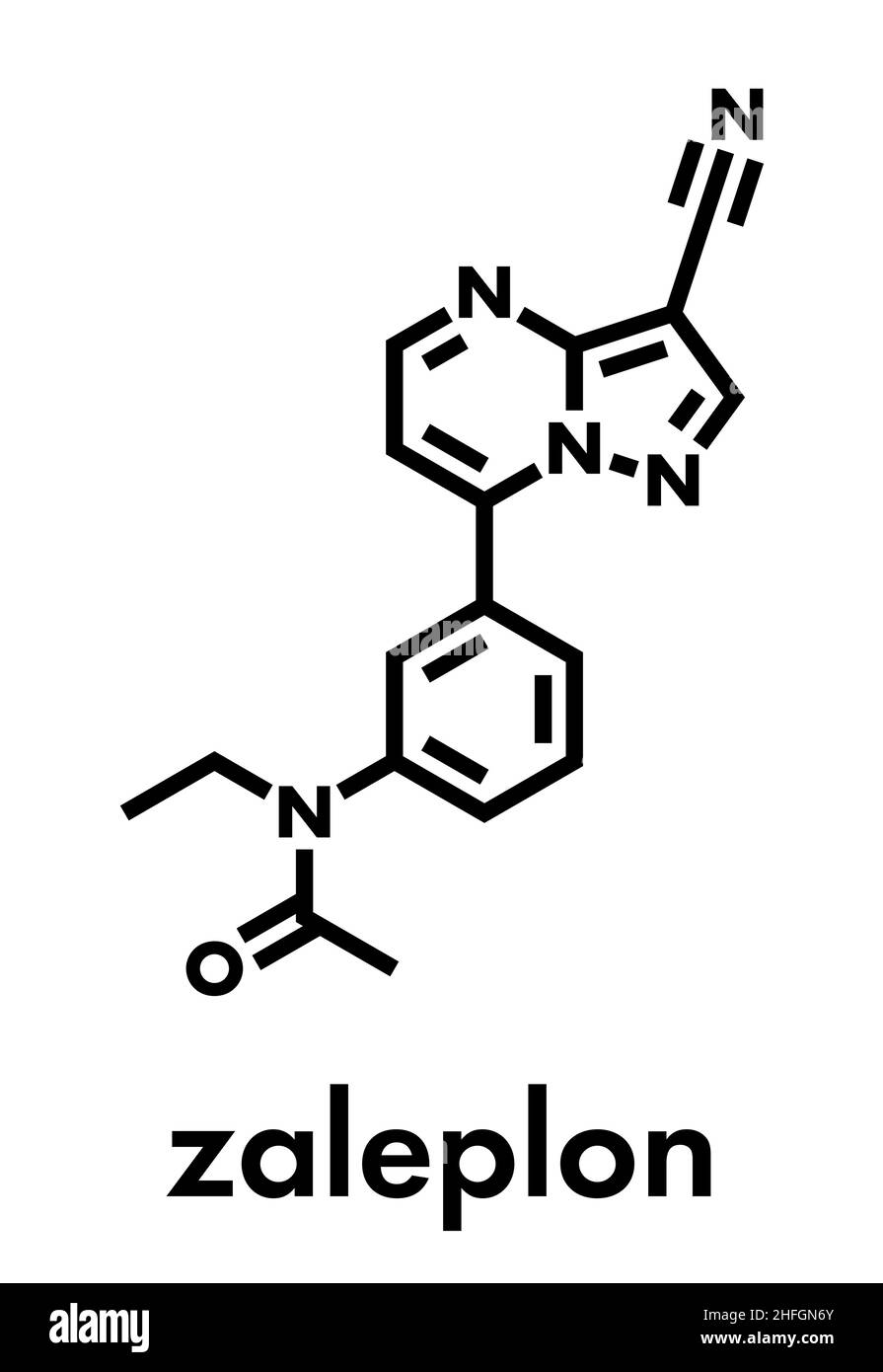Zaleplon hypnotic drug molecule (sleeping pill). Skeletal formula. Stock Vector