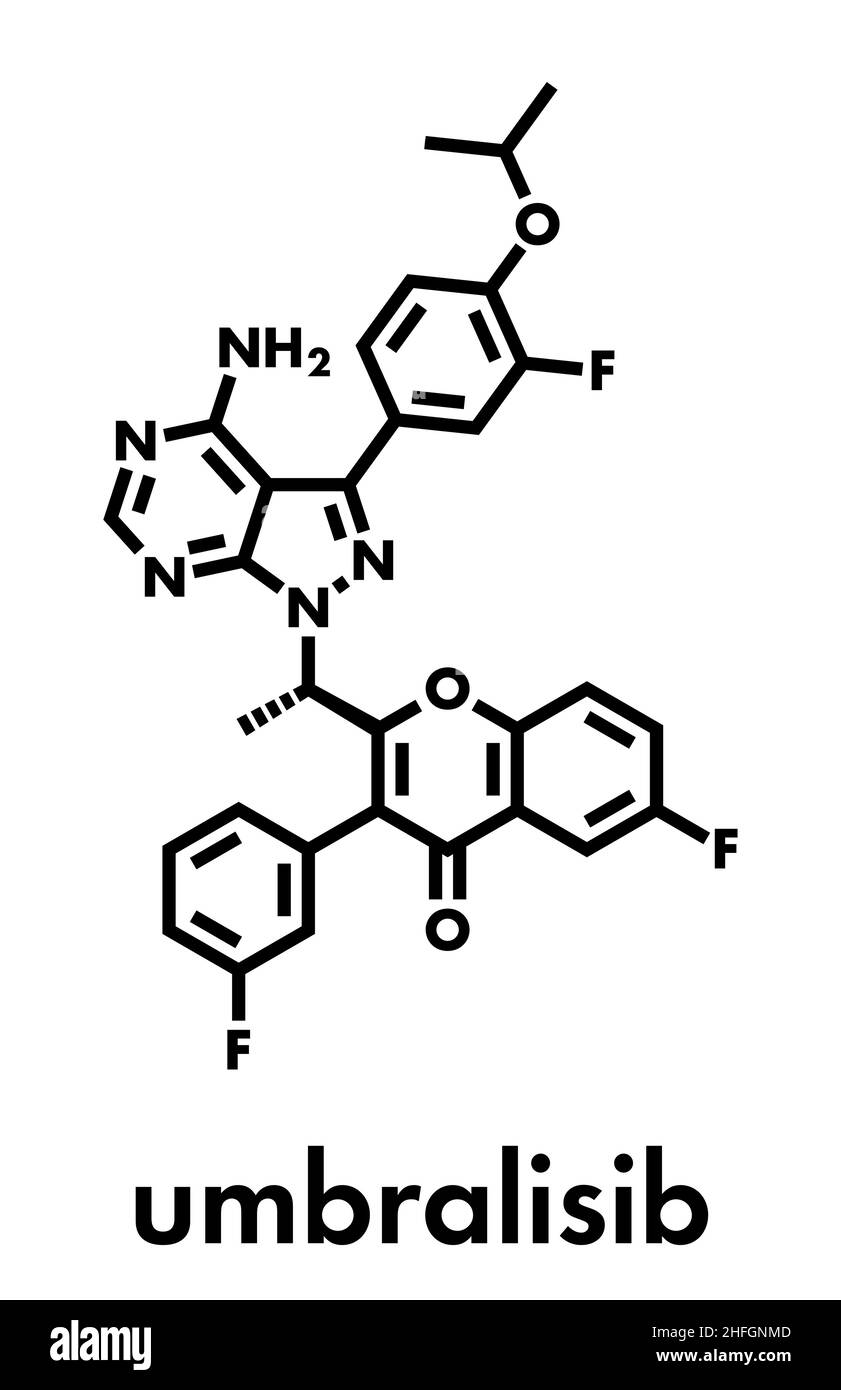 Umbralisib lymphoma drug molecule. Skeletal formula. Stock Vector