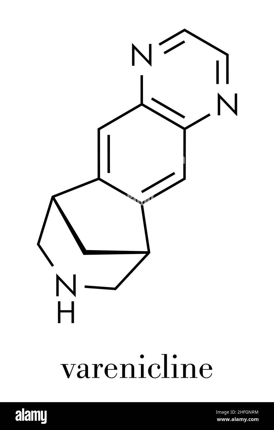Varenicline smoking cessation drug molecule. Skeletal formula. Stock Vector