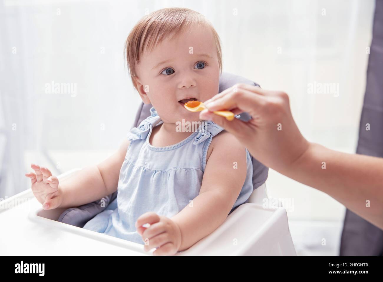 Infant baby girl in blue dress is fed with spoon holded by her mother Stock Photo