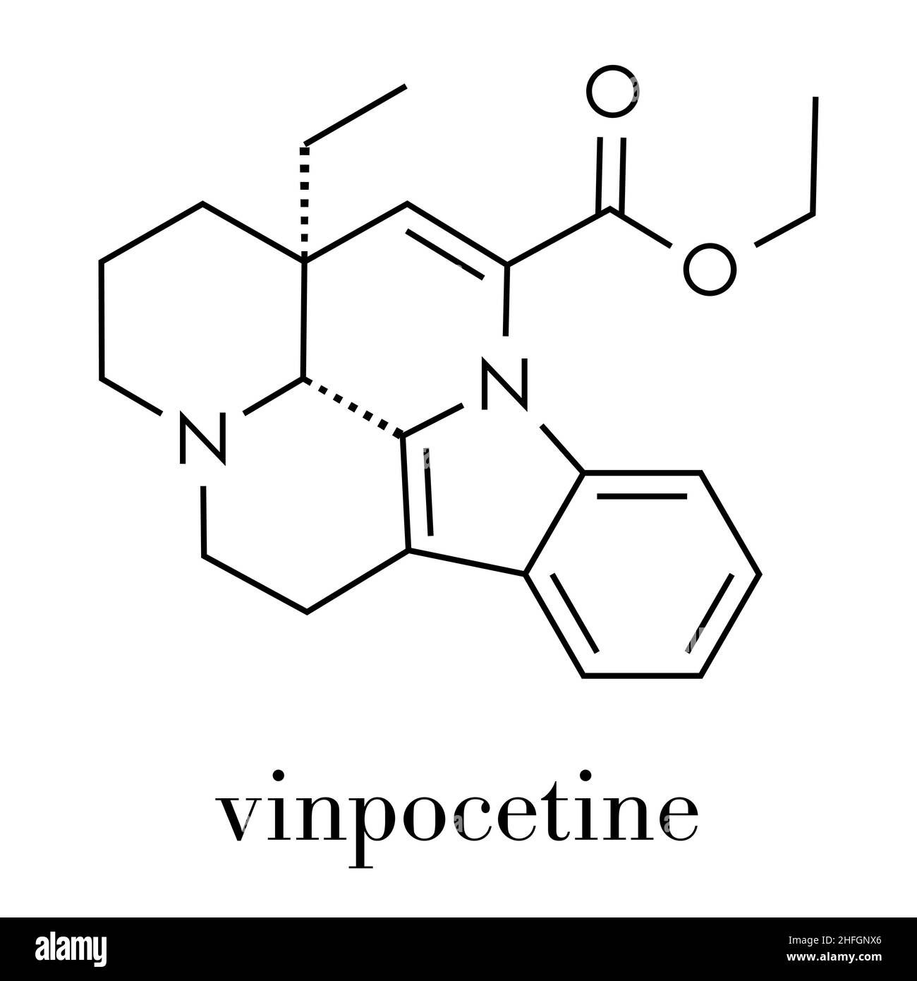 Vinpocetine molecule. Semisynthetic vinca alkaloid derivative, used as