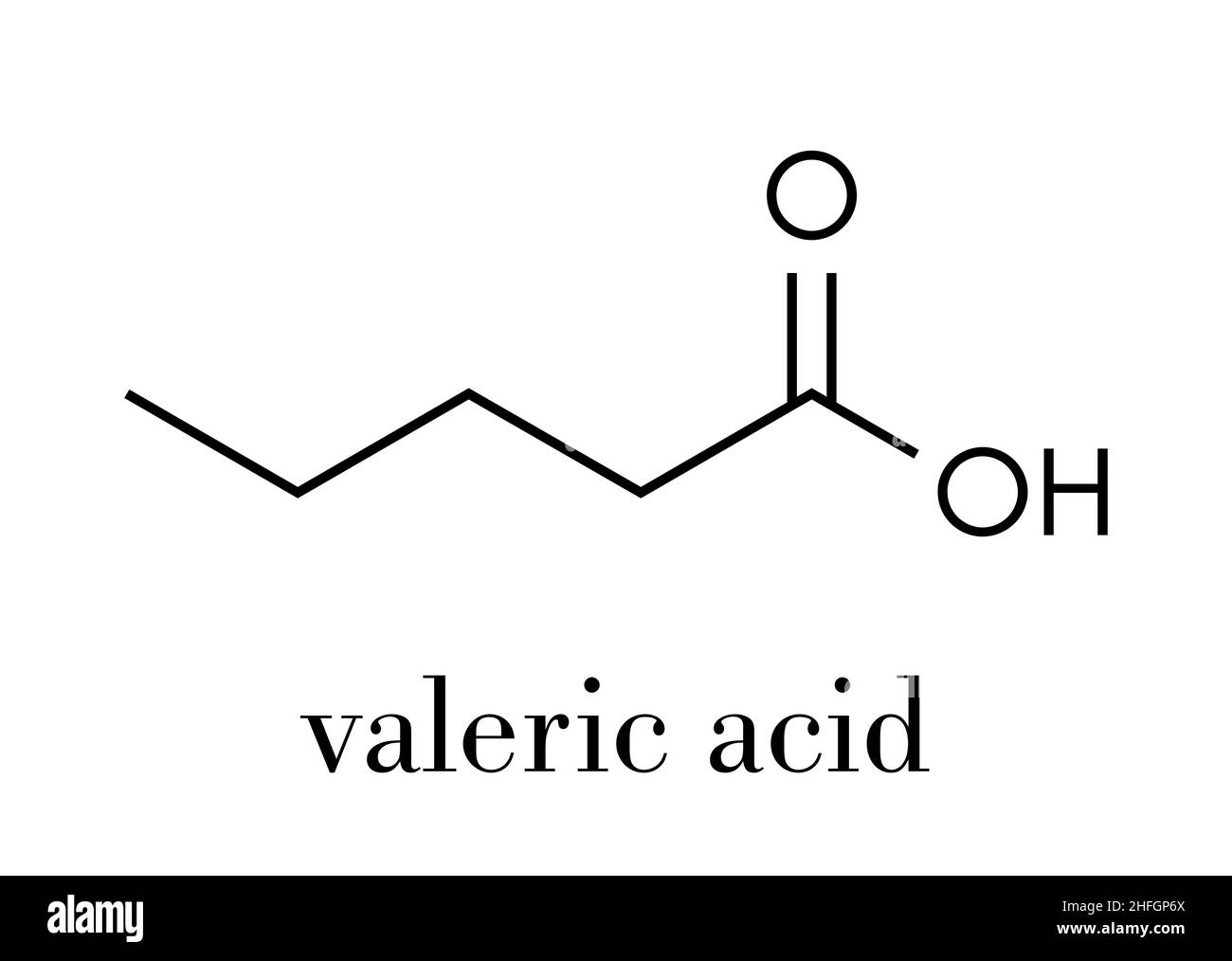Valeric acid molecule. Smelly molecule, present in the plant valerian ...