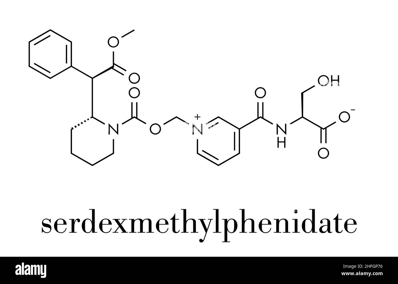 Serdexmethylphenidate chloride drug molecule. Skeletal formula. Stock Vector