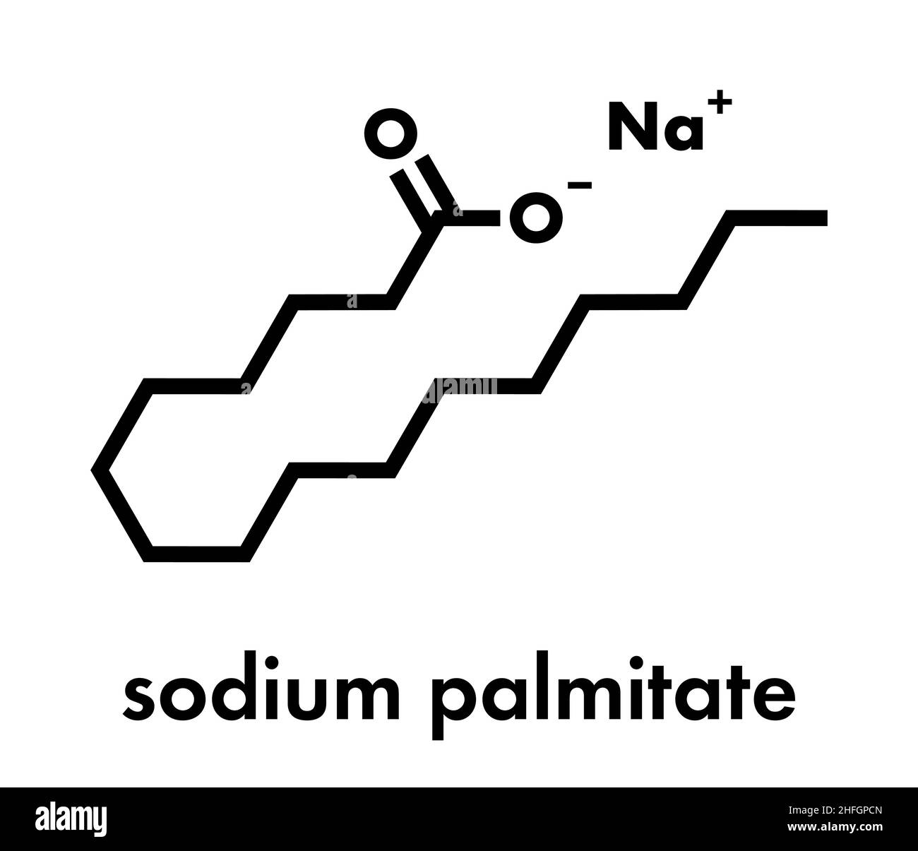 Sodium palmitate soap molecule. Prepared from palm oil by saponification. Skeletal formula Stock