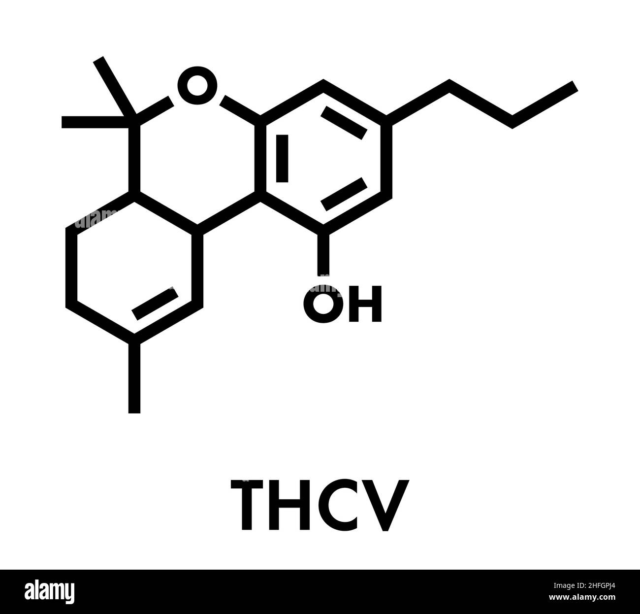 Tetrahydrocannabivarin or THCV cannabinoid molecule. Skeletal formula. Stock Vector