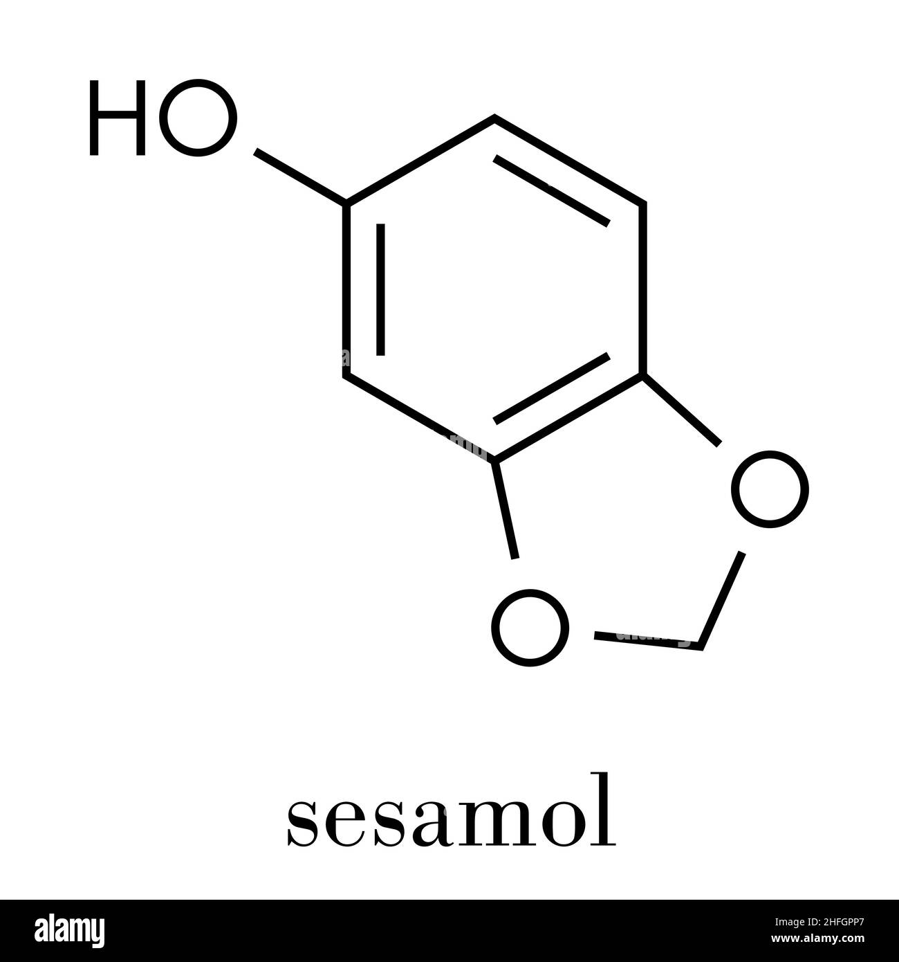 Sesamol herbal molecule. Present in sesame oil. Skeletal formula. Stock Vector