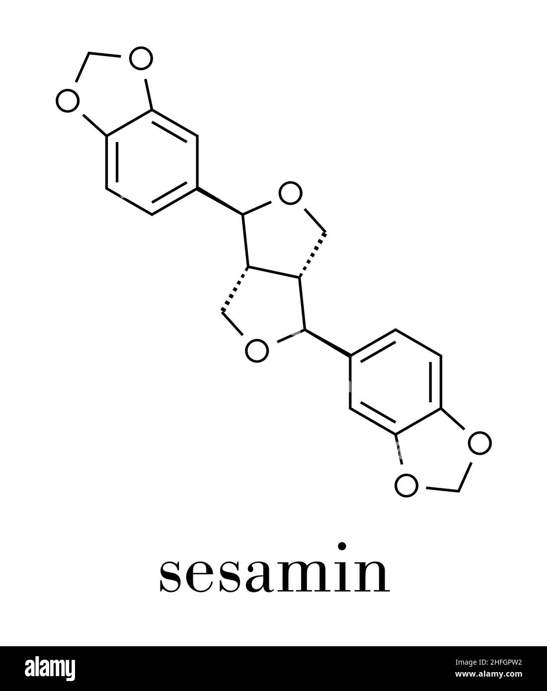 Sesamin molecule. Lignan present in sesame oil. Skeletal formula Stock
