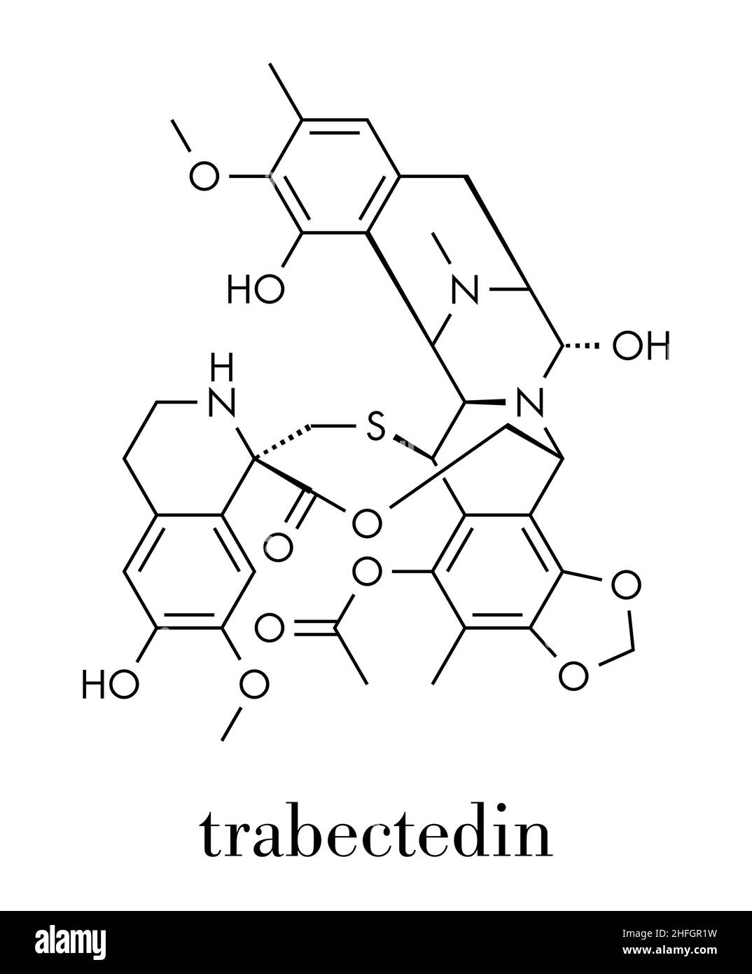 Trabectedin cancer drug molecule. Skeletal formula. Stock Vector