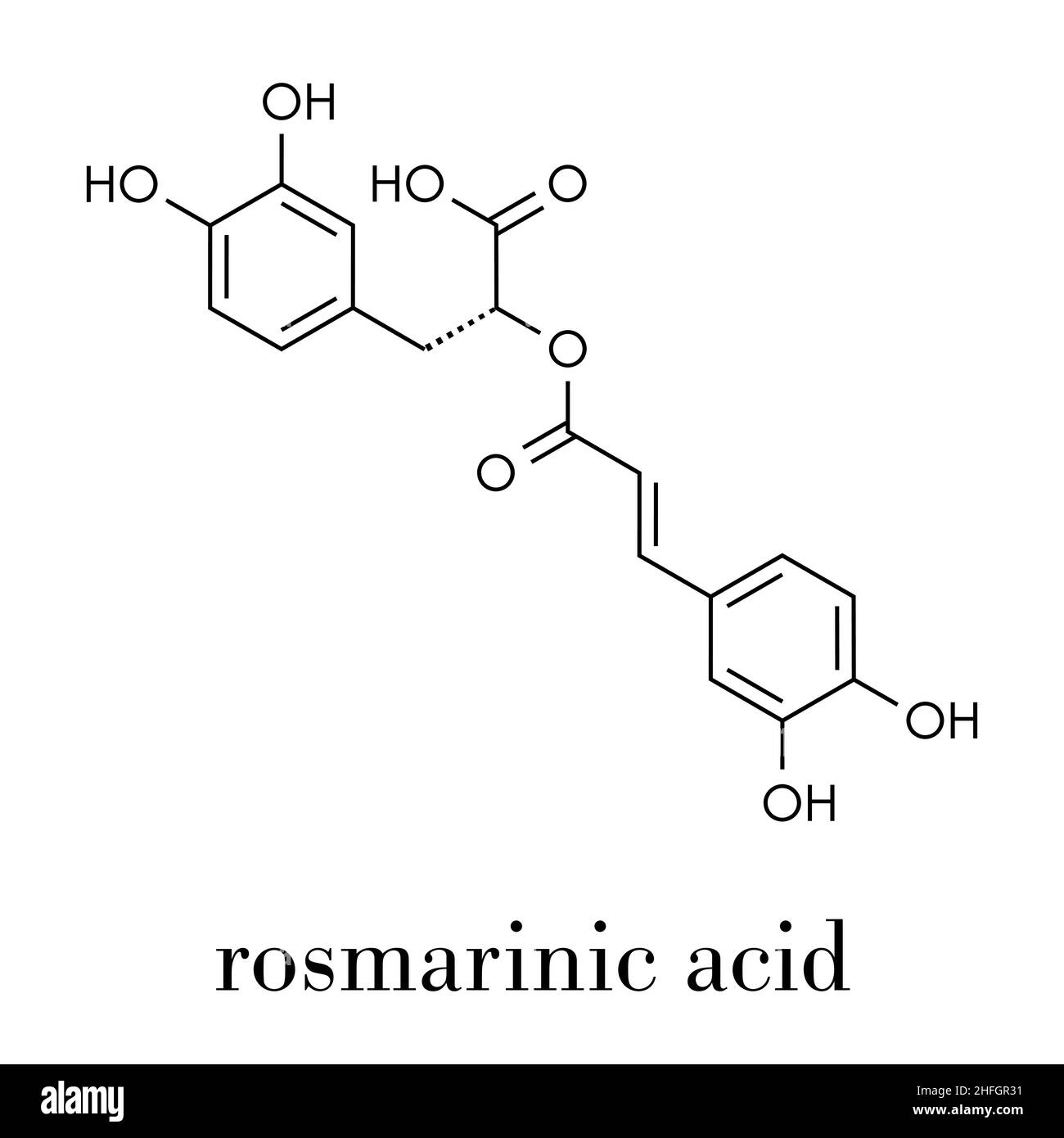 rosmarinic acid herbal antioxidant molecule. Present in a number of plants including rosemary (Rosmarinus officinalis). Skeletal formula. Stock Vector