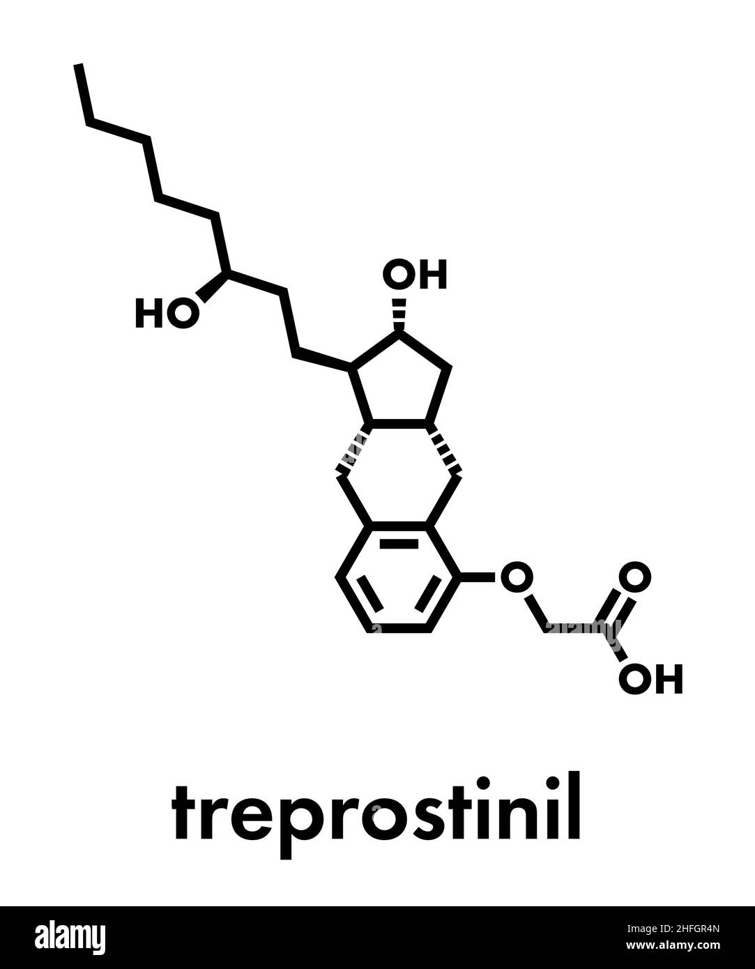 Treprostinil pulmonary arterial hypertension drug molecule. Synthetic analog of prostacyclin (PGI2). Skeletal formula. Stock Vector