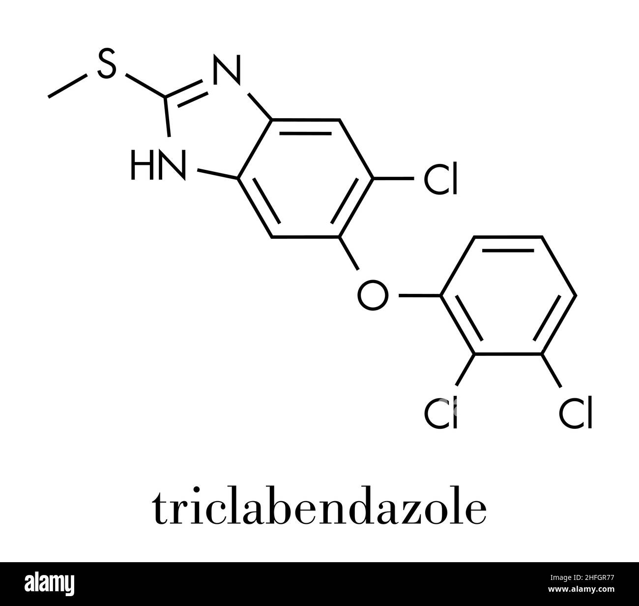 Triclabendazole anthelmintic drug molecule. Skeletal formula. Stock Vector