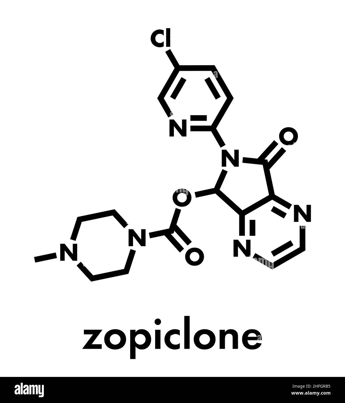 Zopiclone insomnia drug (sleeping pill, zdrug) molecule. Skeletal