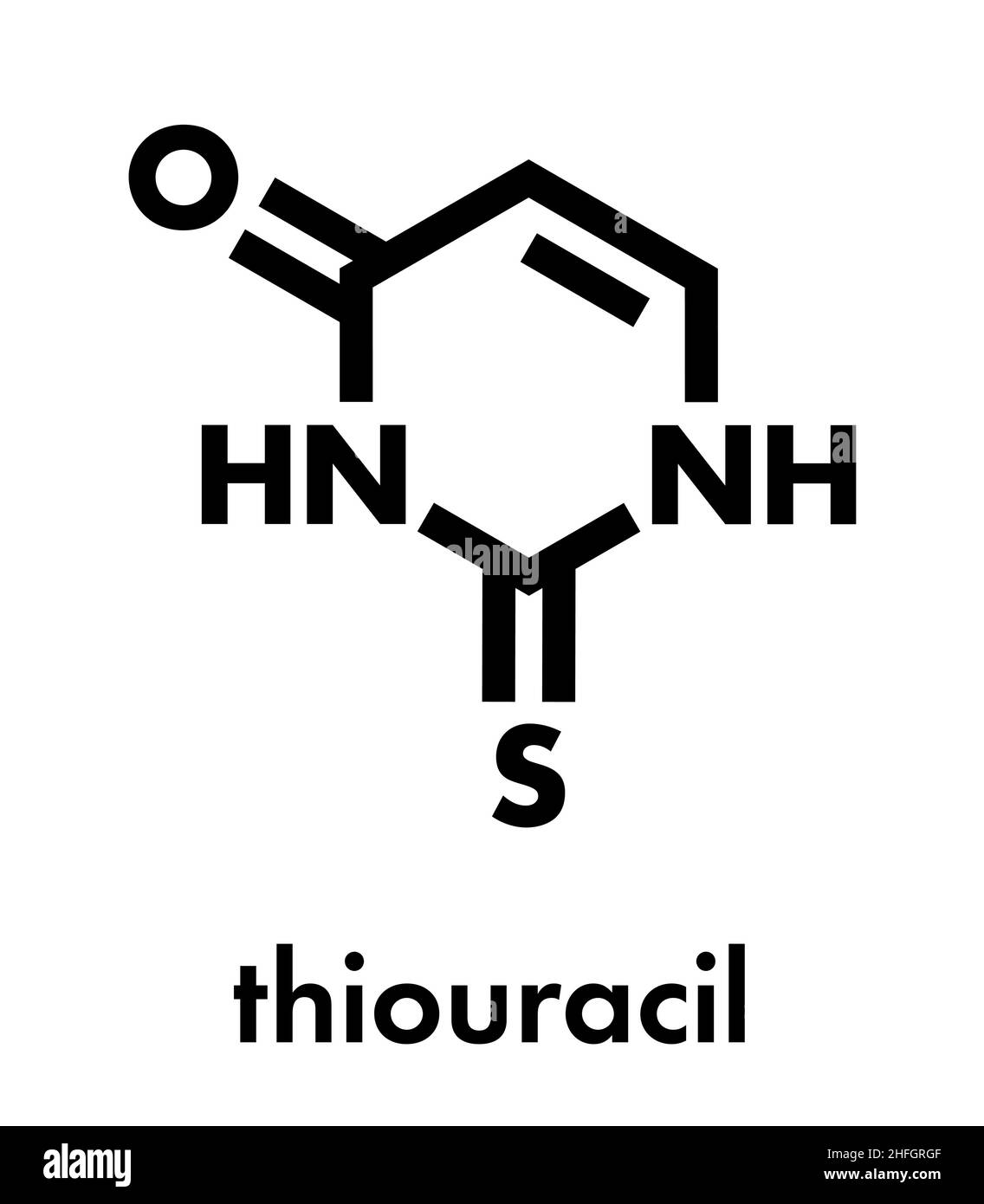 Thiouracil drug molecule. Obsolete drug molecule, previously used in the treatment of Graves' disease. Skeletal formula. Stock Vector