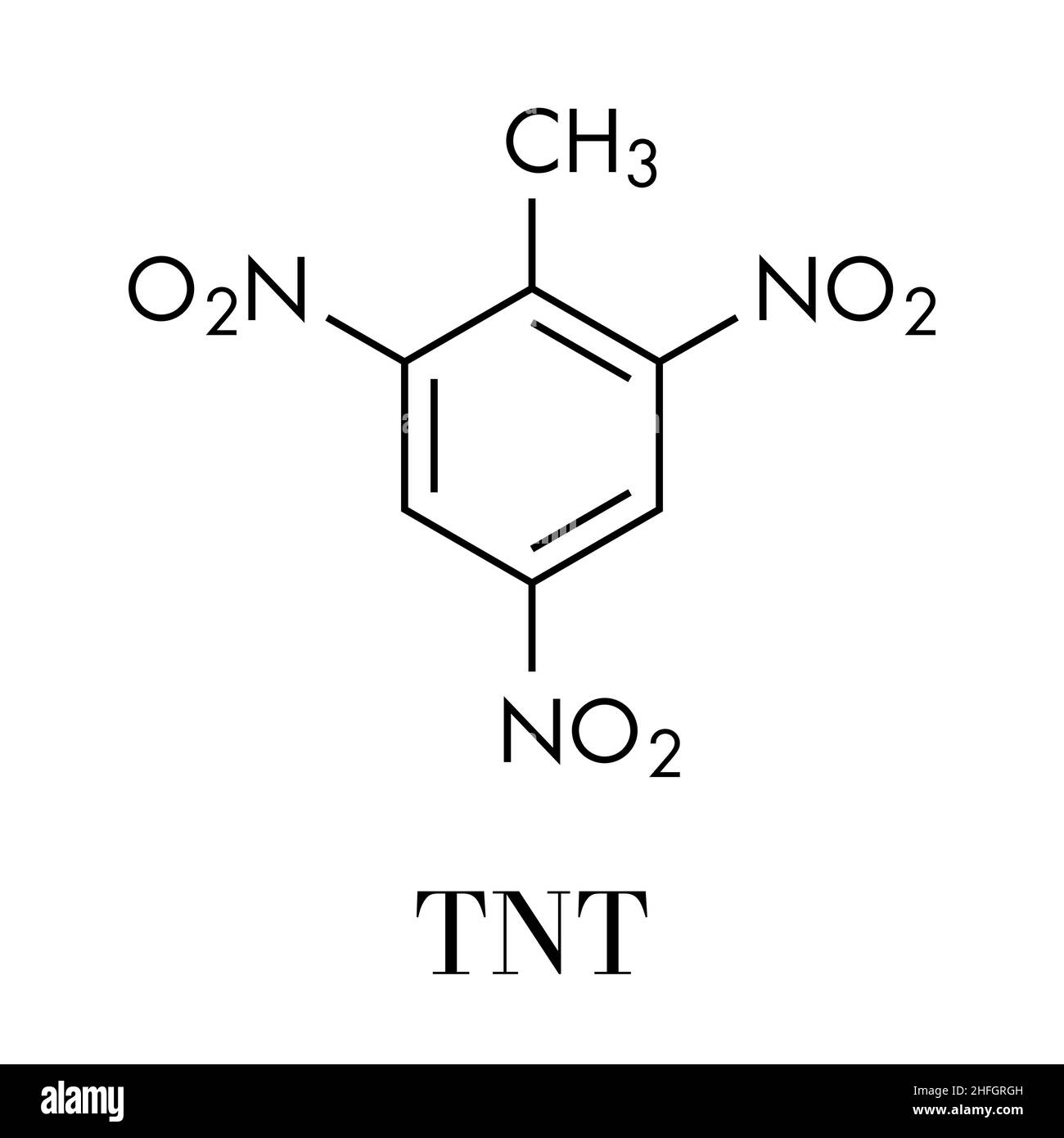 Trinitrotoluene (TNT) high explosive molecule. Skeletal formula. Stock Vector