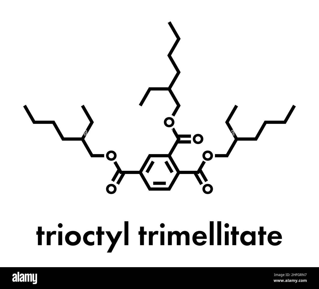 tri-octyl-trimellitate (TOTM, tris (2-ethylhexyl) trimellitate) plasticizer molecule. Alternative to phthalate plasticizers. Skeletal formula. Stock Vector