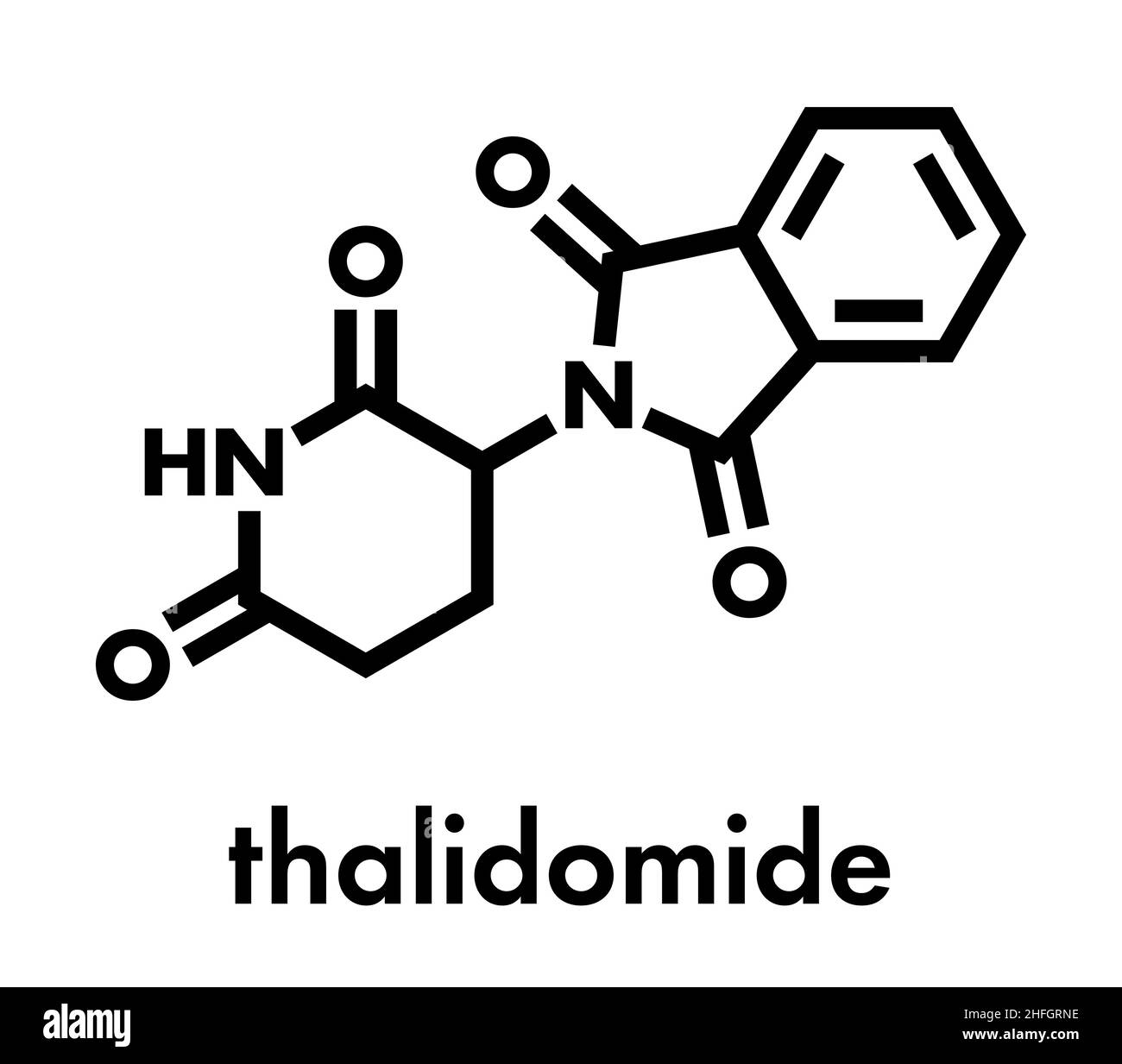 Thalidomide theratogenic drug molecule. Initially used as antiemetic to treat morning sickness in pregnant women but found to cause serious birth defe Stock Vector