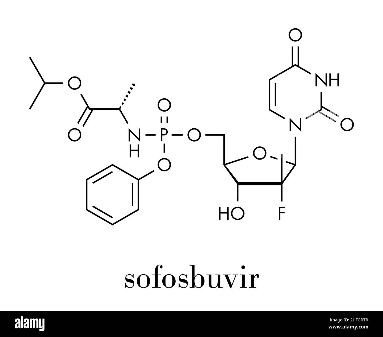 Sofosbuvir hepatitis C virus drug molecule. Skeletal formula. Stock Vector