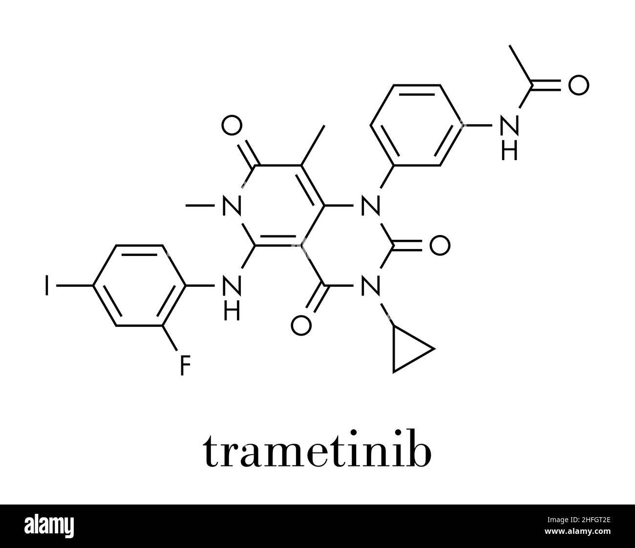 Trametinib melanoma cancer drug molecule. Skeletal formula. Stock Vector