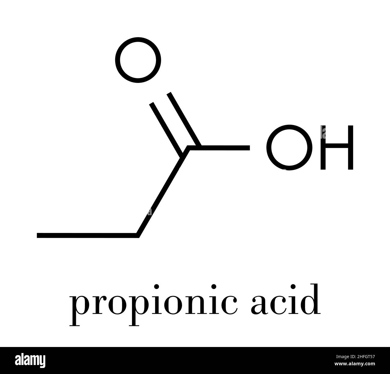 Propionic acid (propanoic acid) molecule. Used as preservative in food. Skeletal formula. Stock Vector