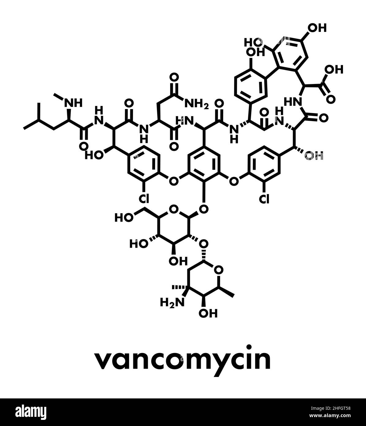 Vancomycin antibiotic drug (glycopeptide class) molecule. Skeletal formula. Stock Vector